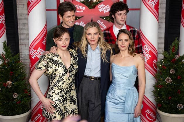 Denis Leary, Dominic Sessa, Chloë Grace Moretz, Michelle Pfeiffer and Felicity Jones arrive for the Oh. What. Fun. movie premiere on Tuesday, Dec. 2, 2025. The movie will be available for streaming on Amazon Prime starting December 3.  NYP20251202906 ANGELINAxKATSANIS