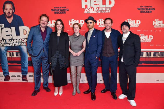 Charly Hübner, Christiane Paul, Leonie Benesch, Leon Ullrich, Daniel Brühl and Jürgen Vogel at the premiere of DER HELD VOM BAHNHOF FRIEDRICHSTRASSE at the Delphi Filmpalast in Berlin 02 12 2025