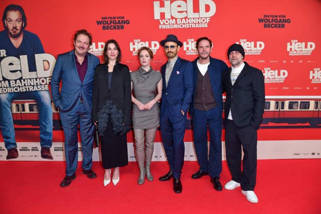 Charly Hübner, Christiane Paul, Leonie Benesch, Leon Ullrich, Daniel Brühl and Jürgen Vogel at the premiere of DER HELD VOM BAHNHOF FRIEDRICHSTRASSE at the Delphi Filmpalast in Berlin 02 12 2025