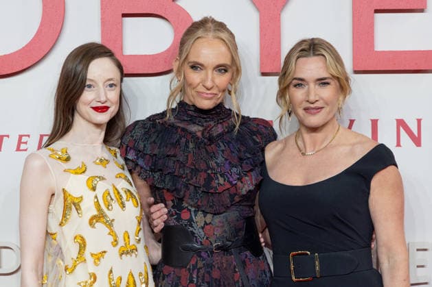 December 3, 2025, London, United Kingdom: (L-R) Andrea Riseborough, Toni Collette and Kate Winslet attend the Goodbye June World film premiere at Curzon Mayfair, London. London United Kingdom - ZUMAs197 20251203_aaa_s197_111 Copyright: xPhilxLewisx