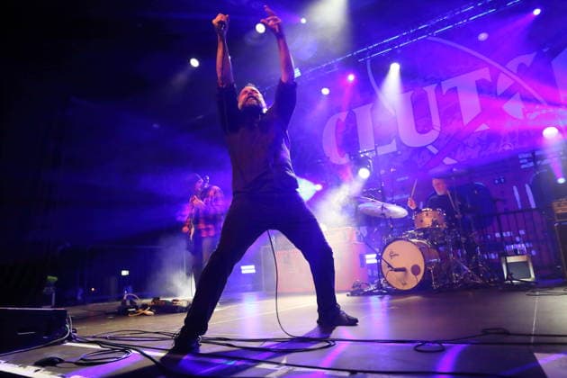 Tim Sult, Neil Fallon and Jean Paul Gaster, from left, from the band Clutch at a concert at Huxleys Neue Welt in Berlin, December 3, 2025 Clutch concert Berlin