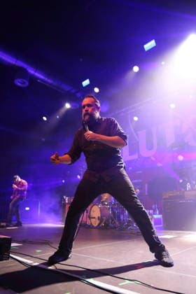 Tim Sult and Neil Fallon, from left, of the band Clutch at a concert at Huxleys Neue Welt in Berlin, December 3, 2025 Clutch concert Berlin