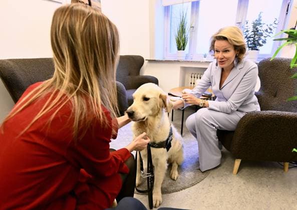 Queen Mathilde of Belgium pictured during a royal visit to the Emergency Victim Assistance (EVA) unit of the Brussels Capital Ixelles police zone, Thursday 04 December 2025. The visit follows the round table discussion on domestic violence held at the Royal Palace on 4 November.  ERICxLALMAND 146405603