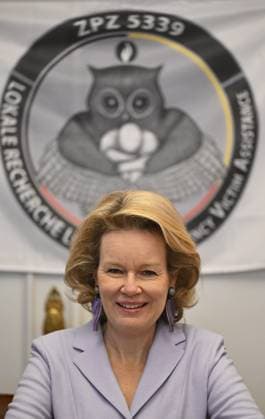 Queen Mathilde of Belgium pictured during a royal visit to the Emergency Victim Assistance (EVA) unit of the Brussels Capital Ixelles police zone, Thursday 04 December 2025. The visit follows the round table discussion on domestic violence held at the Royal Palace on 4 November.  ERICxLALMAND 146405827
