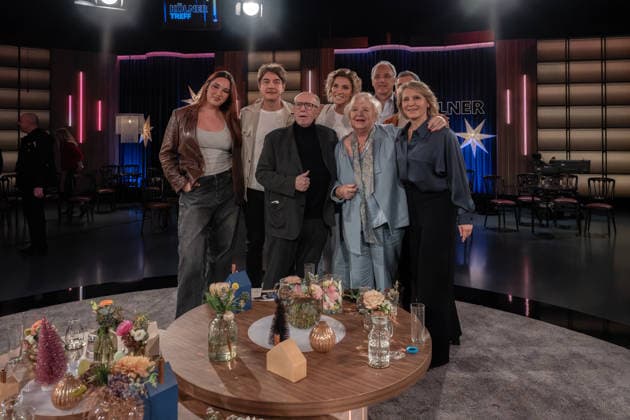 Kölner Treff on 05 December 2025 From left to right Trans model Alex Mariah Peter, comedian, voice impersonator and parodist Matze Knop, former soccer official Reiner Calli Calmund, party hit singer Anna Maria Zim
