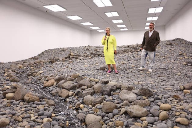 OLAFUR ELIASSON MEDIA PREVIEW, Gerraldine Kirrihi Barlow ( GOMA Curator) and Olafur Eliasson at thre riverbed during a preview of an exhibition by Icelandic-Danish artist Olafur Eliasson at the Gallery of Modern Art (GOMA), in Brisbane, Friday, December 5, 2025. ( NO ARCHIVING BRISBANE QUEENSLAND AUSTRALIA  Copyright: xJASONxO BRIENx 20251205112509241885