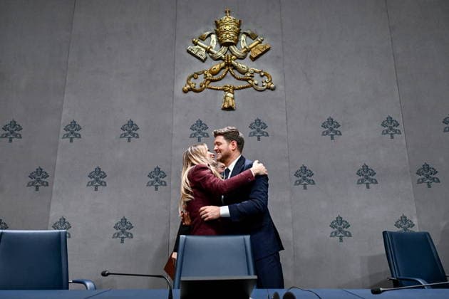 Press conference for the Concert with the Poor Press conference for the Concert with the Poor. Pictured: Serena Autieri, Michael Buble Vatican City, Dec 5th, 2025, Credit:Maria Laura Antonelli AGF Avalon Vatican, Vatican City  Copyright: xMariaxLauraxAntonelli AGFx xAvalonx 1056728755