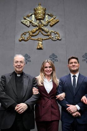 Press conference for the Concert with the Poor Press conference for the Concert with the Poor. Pictured are Don Marco Frisina, Serena Autieri, and Michael Buble. Vatican City, Dec 5th, 2025, Credit:Maria Laura Antonelli AGF Avalon Vatican, Vatican City  Copyright: xMariaxLauraxAntonelli AGFx xAvalonx 1056728784