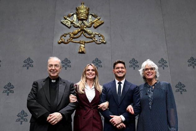 Press conference for the Concert with the Poor Press conference for the Concert with the Poor. Pictured are Serena Autieri, Father Marco Frisina, Michael Buble, and Christiane Murray. Vatican City, Dec 5th, 2025, Credit:Maria Laura Antonelli AGF Avalon Vatican, Vatican City  Copyright: xMariaxLauraxAntonelli AGFx xAvalonx 1056728793