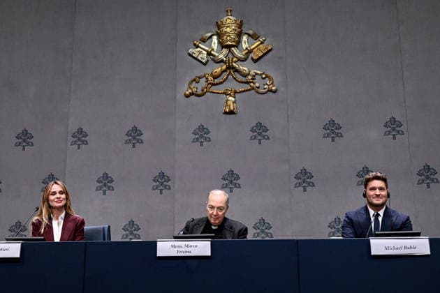 Press conference for the Concert with the Poor Press conference for the Concert with the Poor. Pictured are Don Marco Frisina, Serena Autieri, and Michael Buble. Vatican City, Dec 5th, 2025, Credit:Maria Laura Antonelli AGF Avalon Vatican, Vatican City  Copyright: xMariaxLauraxAntonelli AGFx xAvalonx 1056728894