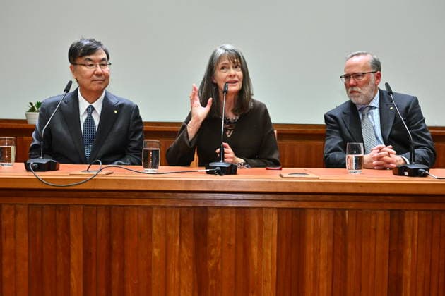 Shimon Sakaguchin, Mary E Brunkow and Fred Ramsdell, this year s Nobel laureates in physiology or medicine, during a press conference at the Nobel Forum in Stockholm, Sweden, December 6, 2025 STOCKHOLM SWEDEN x10090x  Copyright: xClaudioxBresciani TTx PRESS CONFERENCE WITH THE NOBEL PRIZE LAUREATES IN PHYSIOLOGY OR MEDICINE rLd5vEBqNSI