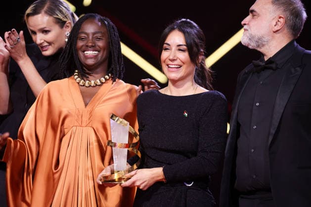 L R Celine Song, Aïssa Maïga, Erige Sehiri and Payman Maadi pose on stage after receiving the Étoile D Or award for the film Promised Sky during attends the Closing Ceremony during the 22nd Marrakech International Film Festival Marrakech, Morocco 06 12 2025 451320 2025 12 06 MARRAKECH Maroc  Copyright: xRomualdxMeigneuxx xStarfacex STAR_451320_118