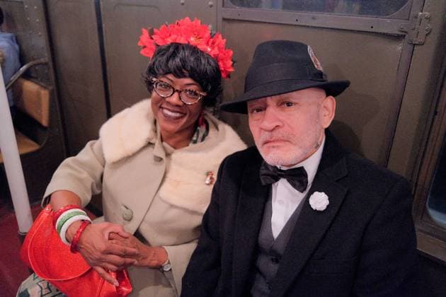 December 7, 2025, New York, New York, USA: For the holiday season the New York Transit Museum and MTA NYC Transit .continue the tradition of Holiday Nostalgia Rides aboard vintage 1930 s, 40s, 50s.train cars. People step back in time, some in period costume, aboard restored .subway cars. New York USA - ZUMAh156 20251207_znp_h156_009 Copyright: xMiloxHessx