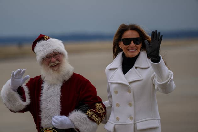 December 8, 2025, Quantico, Virginia, USA: The First Lady MELANIA TRUMP joins Lieutenant General Leonard F. Anderson, US Marine Corps Reserve, and Santa Claus at the annual Toys for Tots Charity Drive at Marine Corps Base Quantico on December 8, 2025. The First Lady helped sort toys, write Christmas cards, and took selfies with children from Marine Corps Base Quantico. Quantico United States - ZUMAl312 20251208_new_l312_038 Copyright: xAndrewxLeydenx