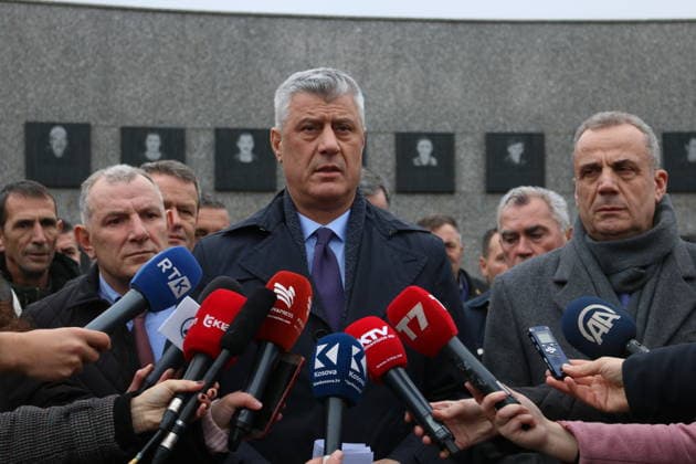 President of Kosovo Hashim Thaci RACAK, KOSOVO - DECEMBER 10: President of Kosovo Hashim Thaci speaks to press members during his visit to the memorial dedicated to the victims of the Racak massacre, in the village of Racak, Kosovo, 10 December 2019. Kosova World. Editorial use only. Please get in touch for any other usage.  Copyright: x2025xAnadoluxErkinxKecix