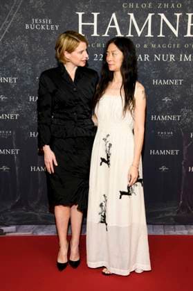 ABBberlin Jessie Buckley Irish actress with Chloe Zhao Chinese film director, guest on the red carpet at the German premiere of the movie Hamnet at Delphi Filmpalast on 08 12 2025 in Berlin Berlin Germany
