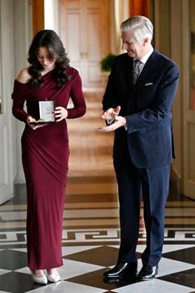 King Philippe presents Nina Derwael with the insignia of Grand Officer of the Order of Leopold BRUSSELS, BELGIUM - DECEMBER 09 : King Philippe presents Nina Derwael with the insignia of Grand Officer of the Order of Leopold. This honorary distinction crowns the exceptional career of the famous Belgian gymnast, notably her titles of Olympic champion (1x), world champion (2x) and European champion (4x) on the uneven bars and balance beam on December 9, 2025 in Brussels, Belgium, 09 12 2025 Brussels Belgium  Copyright: xDidierxLebrunx