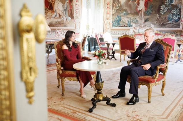 King Philippe - Filip of Belgium and Former gymnast Nina Derwael pictured ahead of a ceremony to award the Order of Leopold (Grootofficier in de Leopoldsorde - Grand Officier de l Ordre de Leopold) distinction, at the Royal Castle in Laken - Laeken, Brussels, on Tuesday 09 December 2025. Today the honorary order of knighthood is awarded to retired gymnast Derwael, the 2020 Olympic champion, two-time World champion, and three-time European champion.  BENOITxDOPPAGNE 147616069