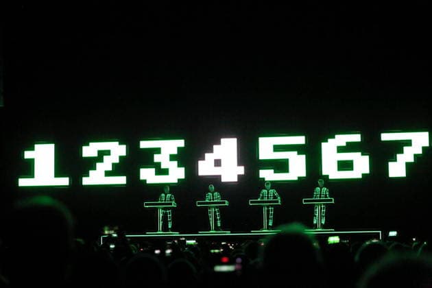 Ralf Hütter, Henning Schmitz, Falk Grieffenhagen and Georg Bongartz, from left, from the band Kraftwerk at a concert in the Uber Eats Music Hall in Berlin, December 9, 2025 Kraftwerk concert Berlin