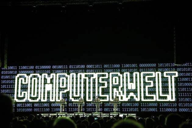Ralf Hütter, Henning Schmitz, Falk Grieffenhagen and Georg Bongartz, from left, from the band Kraftwerk at a concert in the Uber Eats Music Hall in Berlin, December 9, 2025 Kraftwerk concert Berlin