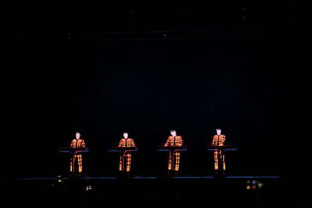 Ralf Hütter, Henning Schmitz, Falk Grieffenhagen and Georg Bongartz, from left, from the band Kraftwerk at a concert in the Uber Eats Music Hall in Berlin, December 9, 2025 Kraftwerk concert Berlin