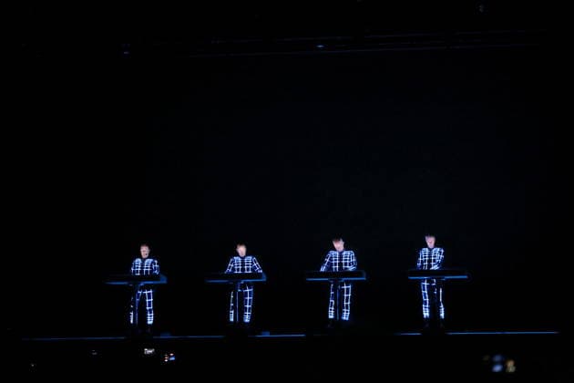 Ralf Hütter, Henning Schmitz, Falk Grieffenhagen and Georg Bongartz, from left, from the band Kraftwerk at a concert in the Uber Eats Music Hall in Berlin, December 9, 2025 Kraftwerk concert Berlin