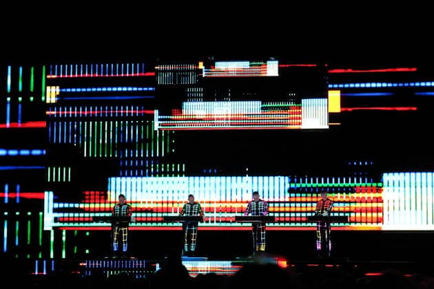 Ralf Hütter, Henning Schmitz, Falk Grieffenhagen and Georg Bongartz, from left, from the band Kraftwerk at a concert in the Uber Eats Music Hall in Berlin, December 9, 2025 Kraftwerk concert Berlin
