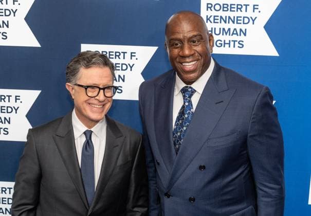 December 9, 2025, Bronx, New York, USA: Stephen Colbert and Earvin Magic Johnson attend Robert F. Kennedy Human Rights Ripple of Hope annual award gala at Hilton Midtown Hotel in New York, NY on December 9, 2025. Bronx USA - ZUMAr339 20251209_znp_r339_031 Copyright: xLevxRadinx