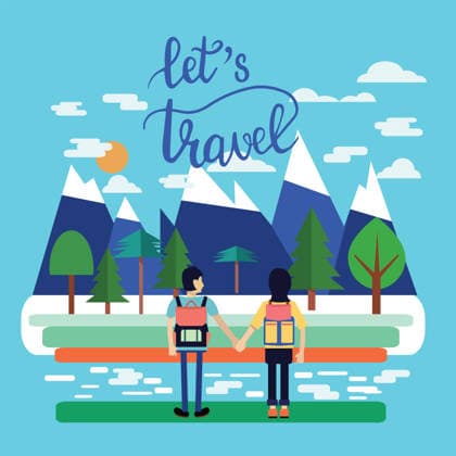 Couple of Traveler With Backpacks Standing Couple of traveler with Backpacks Standing and look at beautiful landscape. Flat Style Illustration with text lets travel. Copyright: xfotiniax