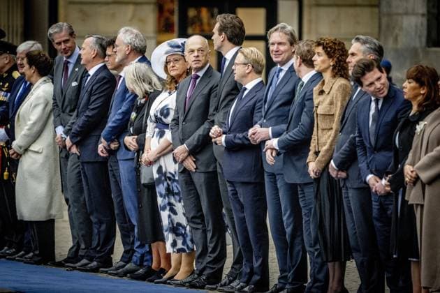 AMSTERDAM - Ministers attend the welcome ceremony on Dam Square. At the invitation of King Willem-Alexander and Queen Maxima, Finnish President Alexander Stubb is making a state visit to the Netherlands. He is accompanied by his wife, Suzanne Innes-Stubb. ANP HOLLANDSE HOOGTE ROBIN UTRECHT netherlands out - belgium out  Copyright: xx x544570466x originalFilename: 544570466.jpg