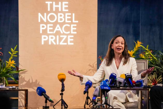 Nobel Peace Prize 2025 Oslo 20251211 Nobel Peace Prize recipient Maria Corina Machado during a press conference at the Grand Hotel in Oslo on Thursday The Venezuelan opposition leader is awarded the prize for her tireless work to secure democratic rights for the people of Venezuela and for  Copyright: xHeikoxJungex xNTBx