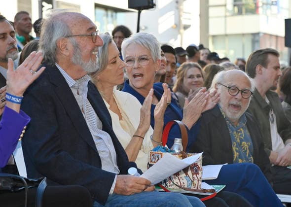 Director, producer and screenwriter James L. Brooks (L) reacts to comments during an unveiling ceremony honoring him with the 2,830th star on the Hollywood Walk of Fame in Los Angeles on Thursday December 11, 2025.  LAP2025121133 JIMxRUYMEN