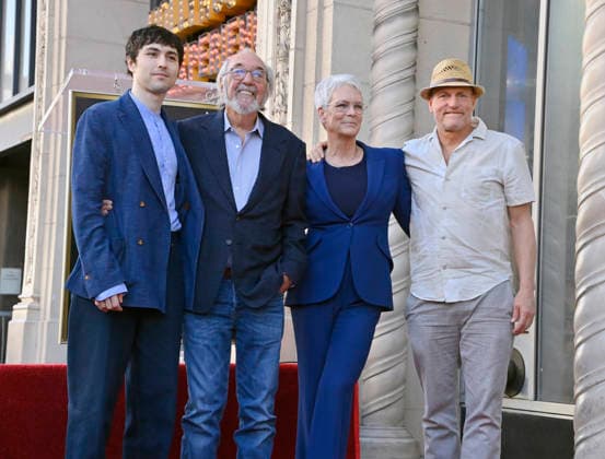 (L-R) Joey Brooks, James L. Brooks, Jamie Lee Curtis and Woody Harrelson attend an unveiling ceremony honoring James Brooks with the 2,830th star on the Hollywood Walk of Fame in Los Angeles on Thursday December 11, 2025.  LAP2025121135 JIMxRUYMEN