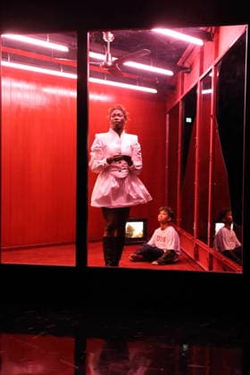 Ruby Commey and Said Schindler during the photo rehearsal for The Legend of Paul and Paula at the Maxim Gorki Theater in Berlin, Studio, 11 December 2025 Based on the film narration by Ulrich Plenzdorf for the DEFA film of the same name Directed by Murat Dikenci Stage and costumes Marilena Büld Premiere is on 13 December 2025 Maxim Gorki Theater Berlin The Legend of