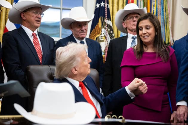 President Donald Trump shakes hands with Rep. Elise Stefanik (R-N.Y.) during a bill signing to award Congressional Gold Medals to the 1980 U.S. Olympic ice hockey team in the Oval Office at the White House in Washington, DC on Friday, December 12, 2025. WAX20251212254 FrancisxChung