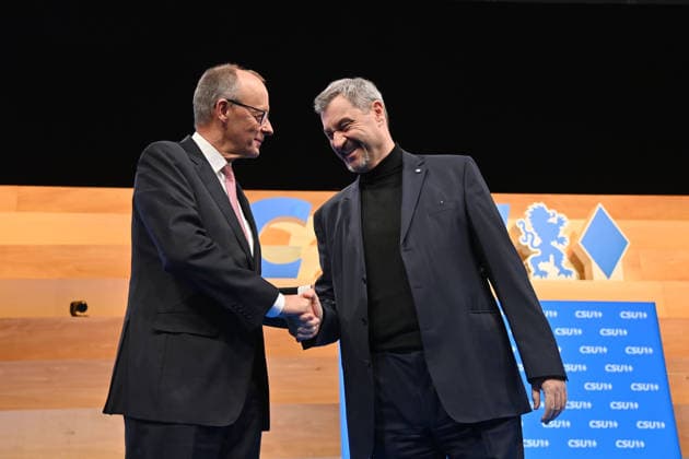 Markus SOEDER State Premier of Bavaria and CSU Chairman welcomes Federal Chancellor Friedrich MERZ CDU , CSU Party Congress 2025 on 12 and 13 12 2025 MESSE MUENCHEN