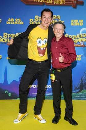 ABBberlin Malte Arkona and Santiago Ziesmer German dubbing voice guest on the yellow carpet at the German premiere of SPONGEBOB SCHWAMMKOPF PIRATEN AHOI at the cinema in the Kulturbrauerei on 14 12 2025 Berlin Germany