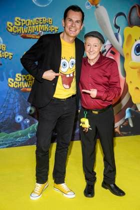 ABBberlin Malte Arkona and Santiago Ziesmer German dubbing voice guest on the yellow carpet at the German premiere of SPONGEBOB SCHWAMMKOPF PIRATEN AHOI at the cinema in the Kulturbrauerei on 14 12 2025 Berlin Germany