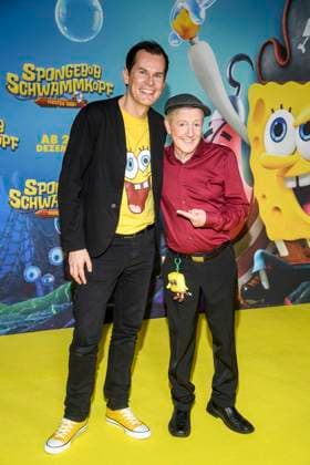 ABBberlin Malte Arkona and Santiago Ziesmer German dubbing voice guest on the yellow carpet at the German premiere of SPONGEBOB SCHWAMMKOPF PIRATEN AHOI at the cinema in the Kulturbrauerei on 14 12 2025 Berlin Germany