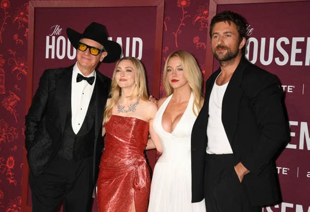 HOLLYWOOD, CA - DECEMBER 15: Paul Feig, Amanda Seyfried, Sydney Sweeney and Brandon Sklenar at the Los Angeles premiere of The Housemaid on December 15, 2025 at the TCL Chinese Theater in Hollywood, California. Copyright: xJeffreyxMayerx
