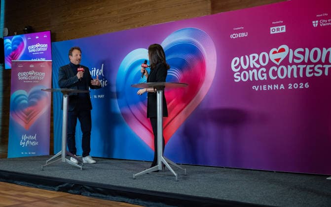 20251216 Eurovision Song Contest 2026 - ORF-Medienupdate WIEN, OESTERREICH - 16. DEZEMBER: ORF Executive Producer des Song Contest 2026 Michael Kroen und Politikjournalistin, ORF TV-Moderatorin, Vorsitzende des Frauennetzwerk Medien und Host der Veransaltung Alexandra Maritza Wachter waehrend des Mediengespraechs anlaesslich eines ORF Updates zum 70. ESC - Eurovision Song Contest vom 12. bis zum 16. Mai 2026 in Wien im Foyer der Halle F der Wiener Stadthalle am 16. Dezember 2025 in Wien, Oesterreich. 251216_SEPA_17_021 Copyright: xIsabellexOuvrardx SEPAxMedia