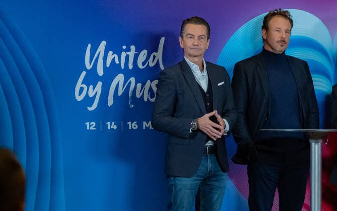 20251216 Eurovision Song Contest 2026 - ORF-Medienupdate WIEN, OESTERREICH - 16. DEZEMBER: ORF-Generaldirektor Roland Weissmann und ORF Executive Producer des Song Contest 2026 Michael Kroen waehrend des Mediengespraechs anlaesslich eines ORF Updates zum 70. ESC - Eurovision Song Contest vom 12. bis zum 16. Mai 2026 in Wien im Foyer der Halle F der Wiener Stadthalle am 16. Dezember 2025 in Wien, Oesterreich. 251216_SEPA_17_038 Copyright: xIsabellexOuvrardx SEPAxMedia