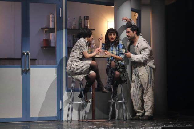 Nairi Hadodo, Sesede Terziyan and Edgar Eckert, from left, during the photo rehearsal for East Side Story A German Jewsical at the Maxim Gorki Theater in Berlin, 16 December 2025 By Juri Sternburg Directed by Lena Brasch Composition Paul Eisenach Stage Studio Dietrich Winter Costumes Eleonore Carriere Premiere is on 18 December 2025 Maxim Gorki Th