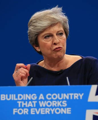 British Conservative Party Annual Conference 2017 MANCHESTER, UNITED KINGDOM - OCTOBER 04: British Prime Minister and leader of the Conservative Party Theresa May MP speaks during her keynote speech on the final day of the annual Conservative Party Conference in Manchester, north west England on October 04, 2017. Manchester Ingiltere. Editorial use only. Please get in touch for any other usage.  Copyright: x2025xAnadoluxLindseyxParnabyx