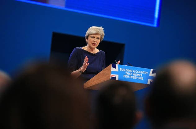 British Conservative Party Annual Conference 2017 MANCHESTER, UNITED KINGDOM - OCTOBER 04: British Prime Minister and leader of the Conservative Party Theresa May MP speaks during her keynote speech on the final day of the annual Conservative Party Conference in Manchester, north west England on October 04, 2017. Manchester Ingiltere. Editorial use only. Please get in touch for any other usage.  Copyright: x2025xAnadoluxLindseyxParnabyx