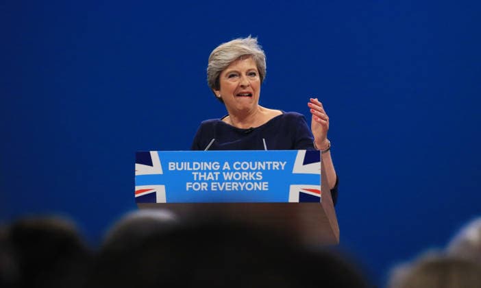 British Conservative Party Annual Conference 2017 MANCHESTER, UNITED KINGDOM - OCTOBER 04: British Prime Minister and leader of the Conservative Party Theresa May MP speaks during her keynote speech on the final day of the annual Conservative Party Conference in Manchester, north west England on October 04, 2017. Manchester Ingiltere. Editorial use only. Please get in touch for any other usage.  Copyright: x2025xAnadoluxLindseyxParnabyx