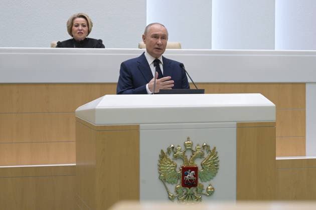 Russia Putin Parliament 9079131 24.12.2025 Russian President Vladimir Putin speaks during a session at the Federation Council, the Upper House of the Russian Parliament, in Moscow, Russia. Federation Council speaker Valentina Matvienko, is in the background. Alexey Nikolskiy Sputnik Moscow Russia Copyright: xAlexeyxNikolskiyx