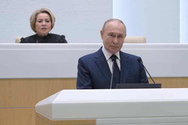 Russia Putin Parliament 9079229 24.12.2025 Russian President Vladimir Putin speaks during a session at the Federation Council, the Upper House of the Russian Parliament, in Moscow, Russia. Federation Council speaker Valentina Matvienko, is in the background. Alexey Nikolskiy Sputnik Moscow Russia Copyright: xAlexeyxNikolskiyx