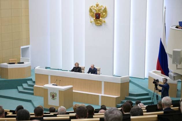 Russia Putin Parliament 9079235 24.12.2025 Russian President Vladimir Putin and Federation Council speaker Valentina Matvienko, left, attend a session at the Federation Council, the Upper House of the Russian Parliament, in Moscow, Russia. Alexey Nikolskiy Sputnik Moscow Russia  Copyright: xAlexeyxNikolskiyx