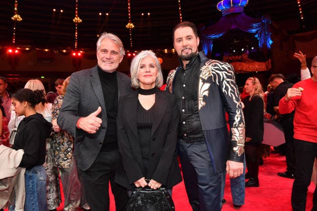 Birgit Schrowange with husband Frank Sporthelfer and Martin Lacey jr Premiere winter season 2025 Circus Krone Ich Du, Wir Krone Manege Kronebau Munich December 25, 2025